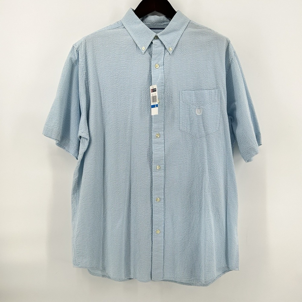 Chaps Shirt Mens XL Blue Gingham Seersucker Short Sleeve Nantucket Coastal NWT